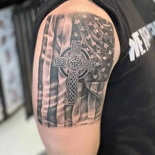 American Flag And Celtic Cross Tattoo