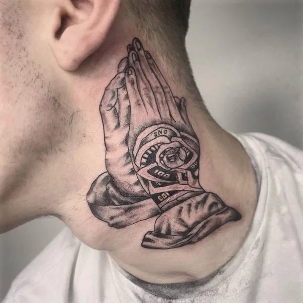 Praying Hands Neck Tattoo