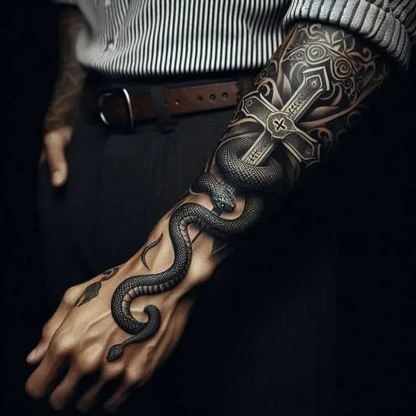 Cross With Snake Tattoo