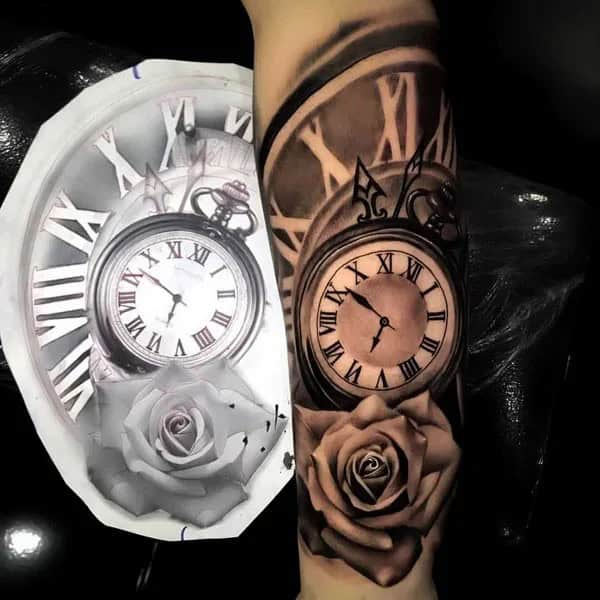 Clock and Rose Tattoo on Forearm