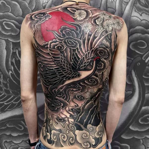 Japanese Crane Tattoo On Back