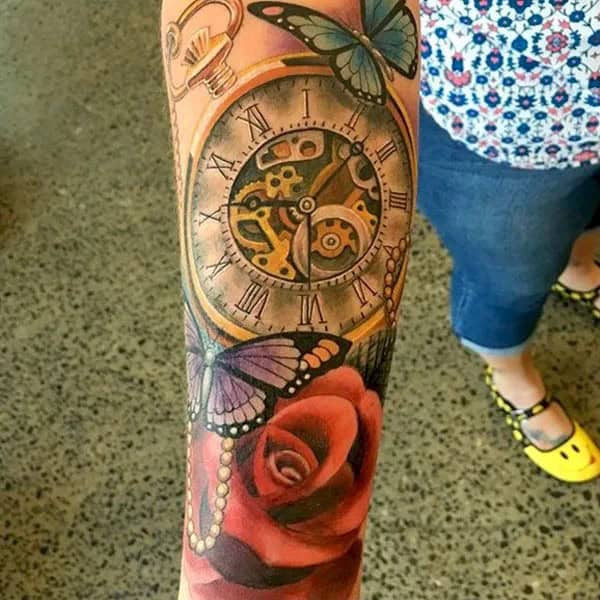 Clock and Rose Tattoo with a Butterfly