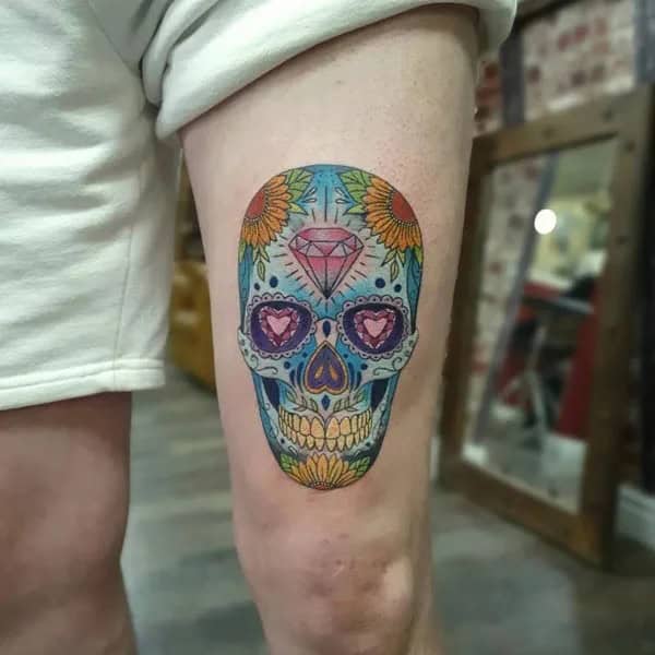 Sugar Skull Thigh Tattoo