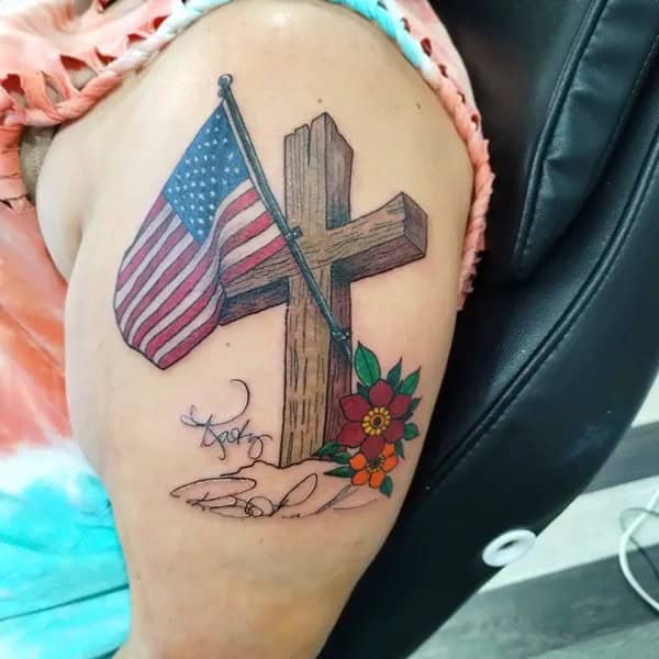 Cross with American Flag Tattoo