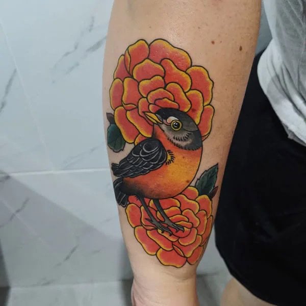 Marigold and Bird Tattoo