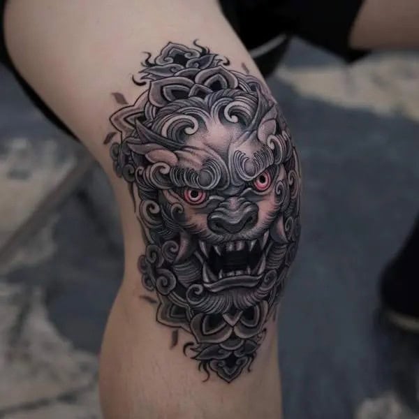 Foo Dog Knee Tattoo