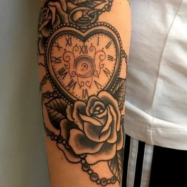 Heart Clock and Rose Tattoo