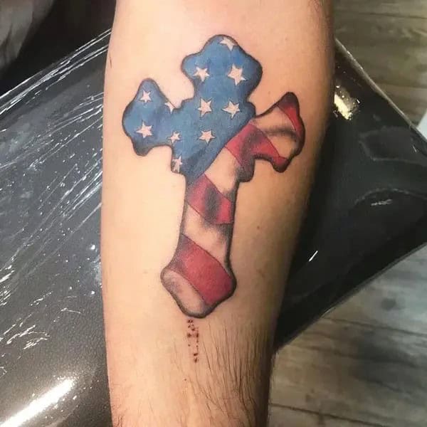 Cross with American Flag Tattoo