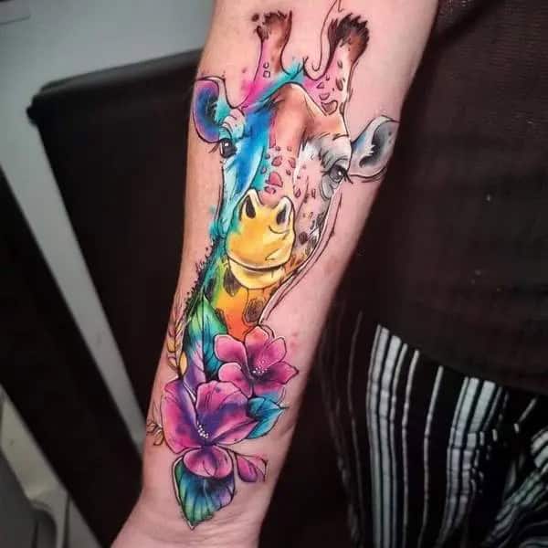 Giraffe Tattoo With Flowers