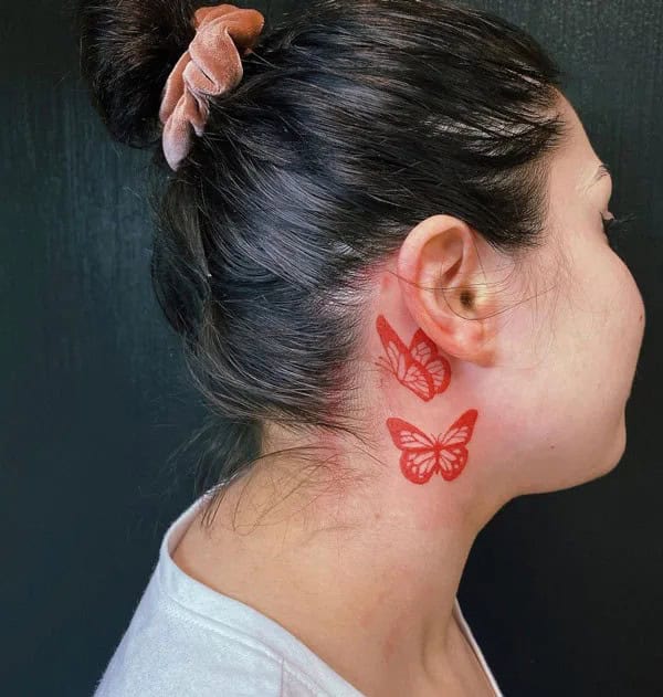 Red Butterfly Tattoo Behind The Ear