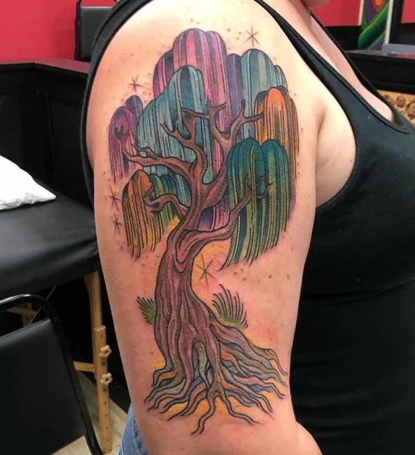 Colorful Willow Tree Tattoo