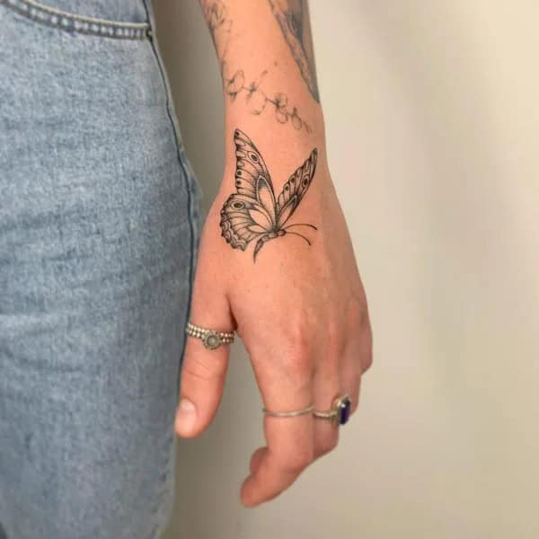 Semicolon Butterfly Hand Tattoo