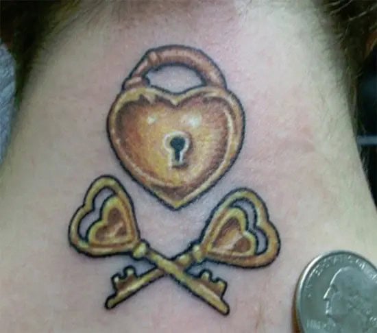 Heart Lock and Key Tattoo on Neck