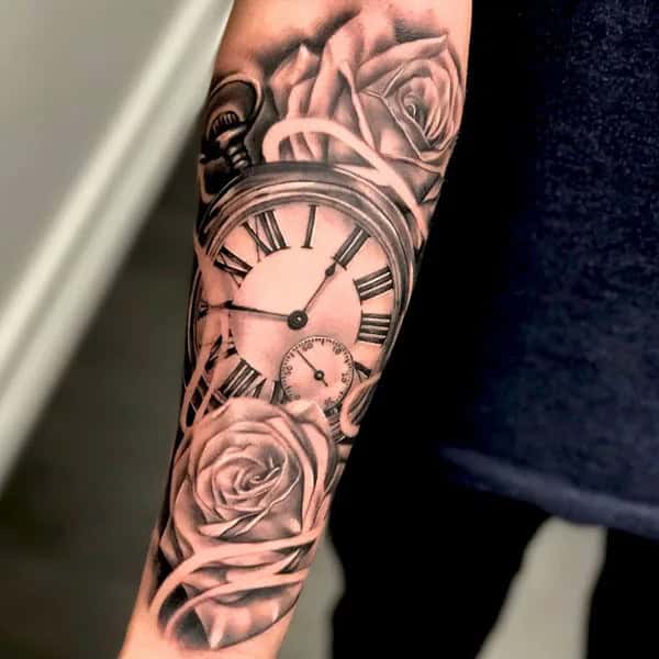 Clock and Rose Tattoo on Forearm