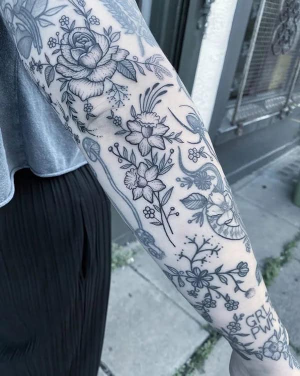 Black and White Flower Sleeve Tattoo