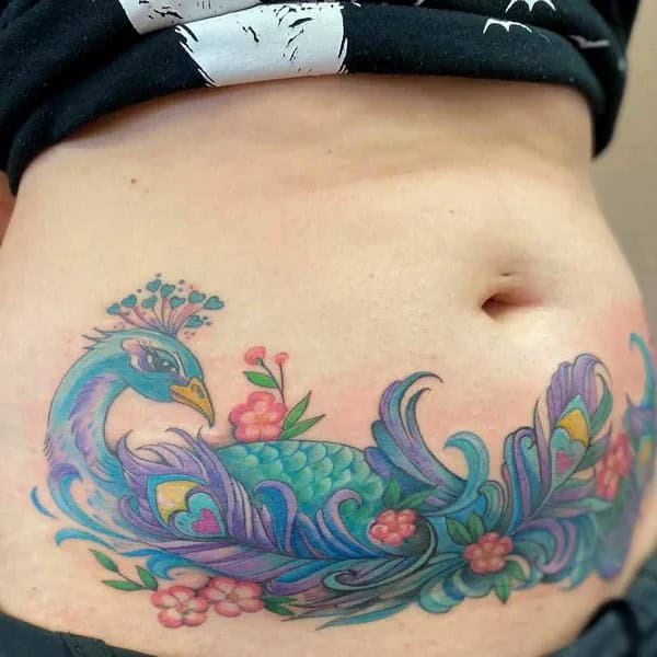 Peacock Stomach Tattoo