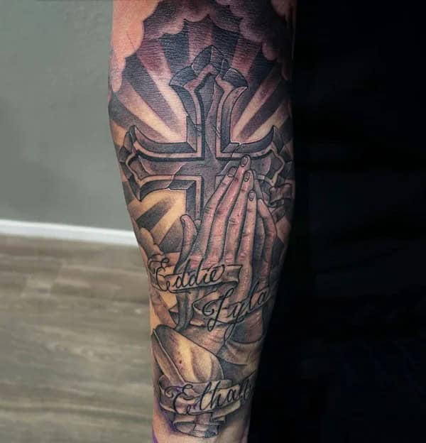 Cross with Praying Hands Tattoo