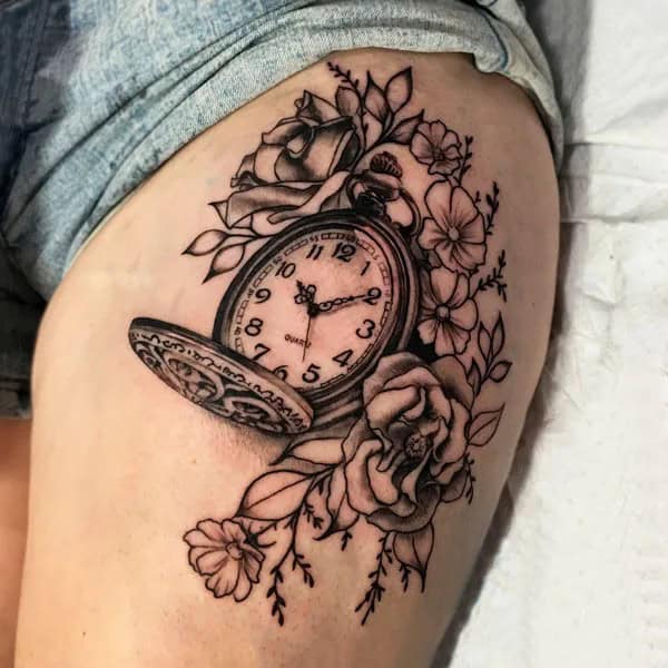 Clock and Rose Tattoo on Thigh