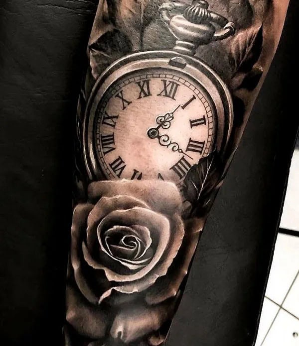 Clock and Rose Tattoo on Forearm