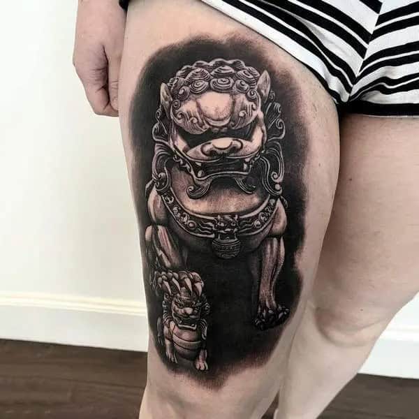 Foo Dog Thigh Tattoo