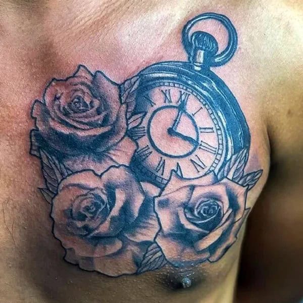 Clock and Rose Tattoo on the Chest