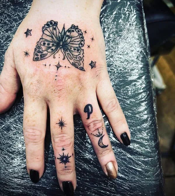 Semicolon Butterfly Hand Tattoo