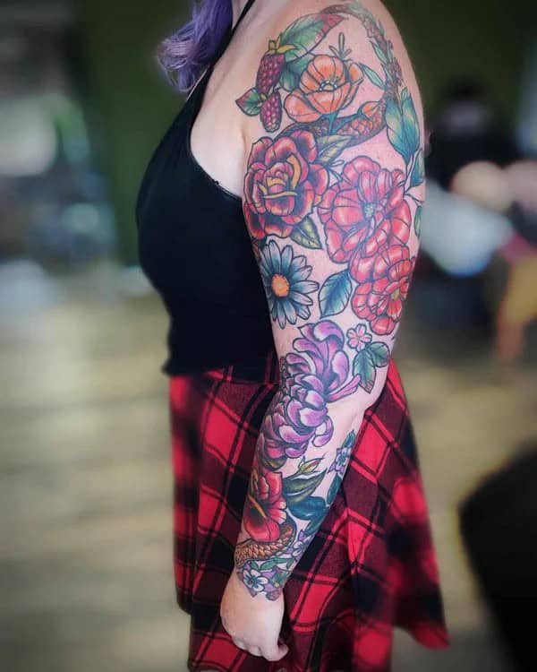 Traditional Flower Sleeve Tattoo