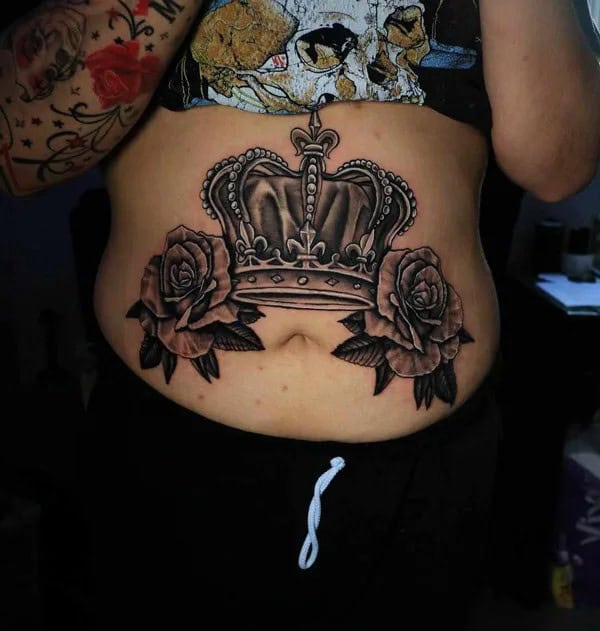 Crown and Rose Stomach Tattoo