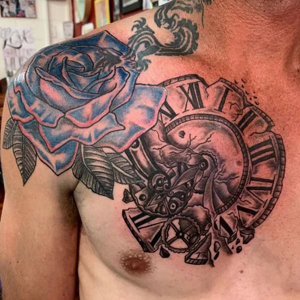 Clock and Rose Tattoo on the Chest