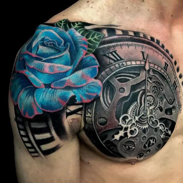 Clock and Rose Tattoo on the Chest