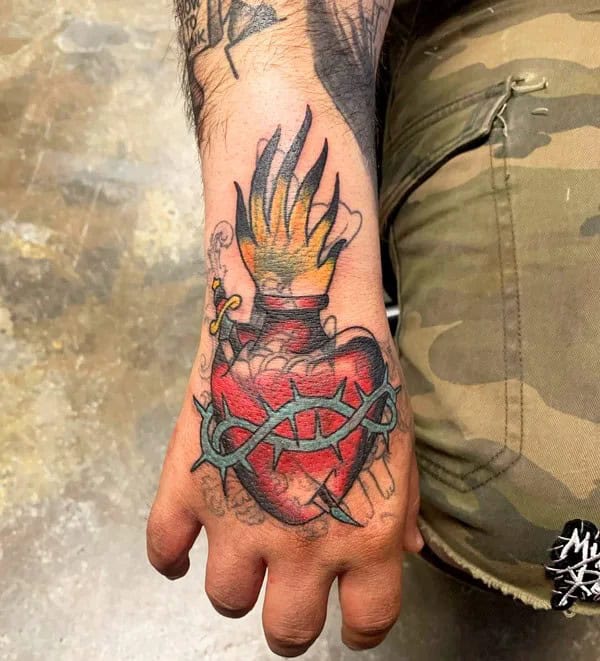 Sacred Heart Hand Tattoo