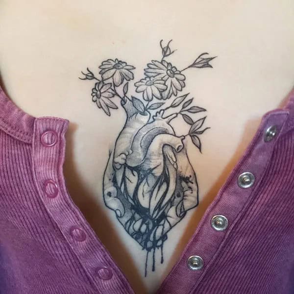 Anatomical Heart Tattoo On Chest