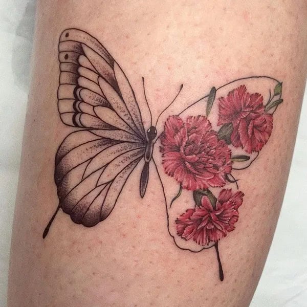 Half butterfly half flower forearm tattoo