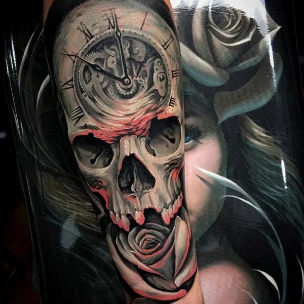 Skull Clock Tattoo with Roses