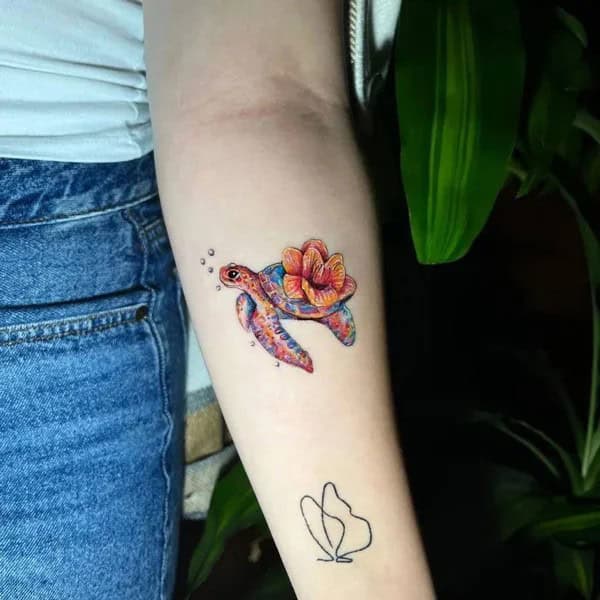 Sea Turtle Tattoo with Flowers