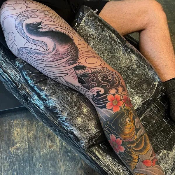 Japanese Crane Tattoo On Leg