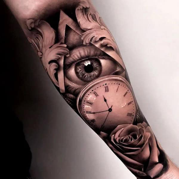 Eye Clock and Rose Tattoo