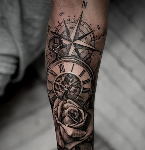 Compass Clock and Rose Tattoo