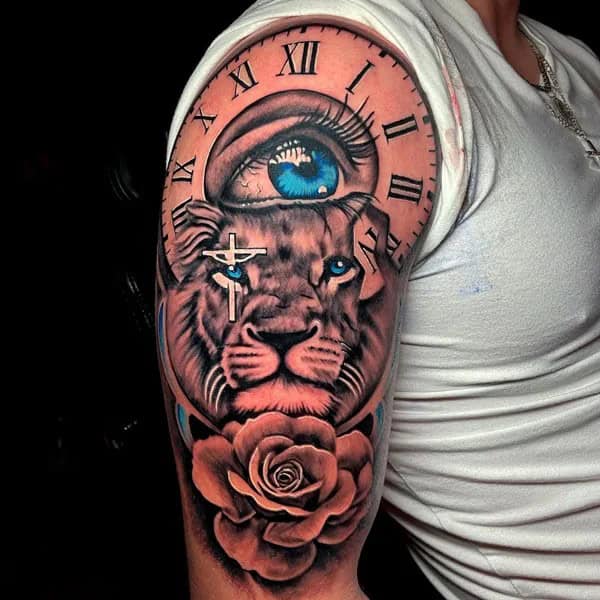 Eye Clock and Rose Tattoo