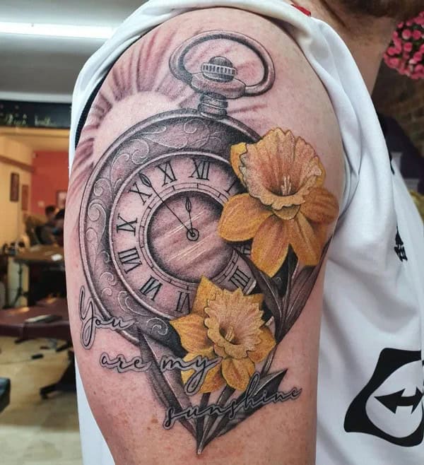 March Birth Flower and Clock Tattoo