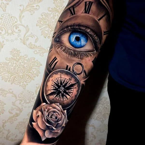 Eye Clock and Rose Tattoo