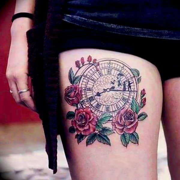 Clock and Rose Tattoo on Thigh