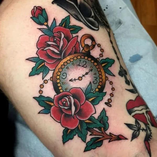 The Classic Rose and Clock Tattoo