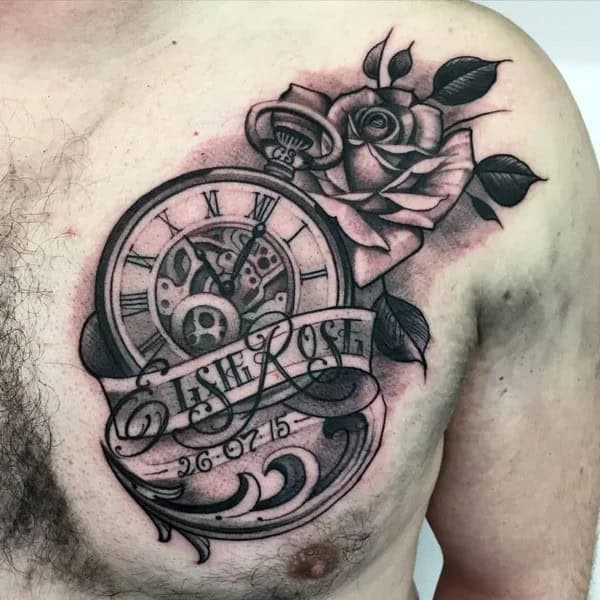 Clock and Rose Tattoo on the Chest