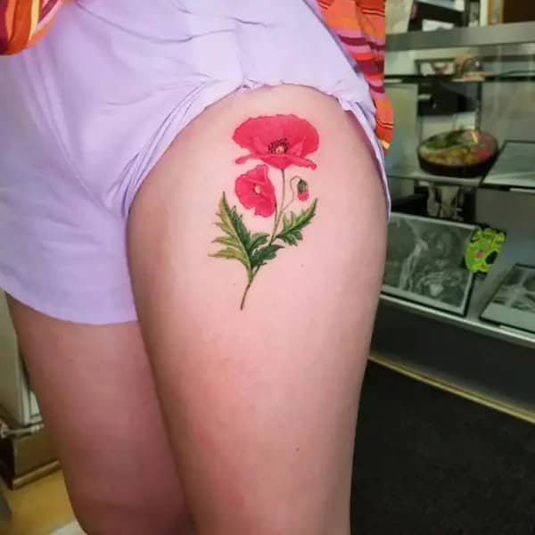 Poppy Flower Thigh Tattoo