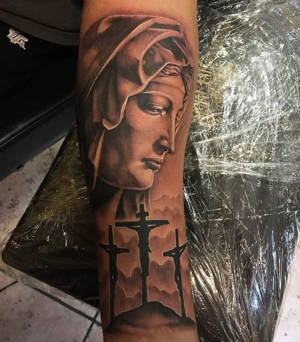 Virgin Mary and 3 Cross Tattoo