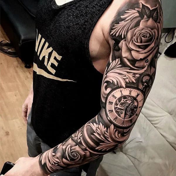 Clock and Rose Sleeve Tattoo