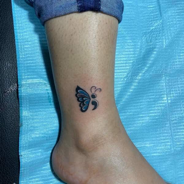 Semicolon Butterfly Ankle Tattoo