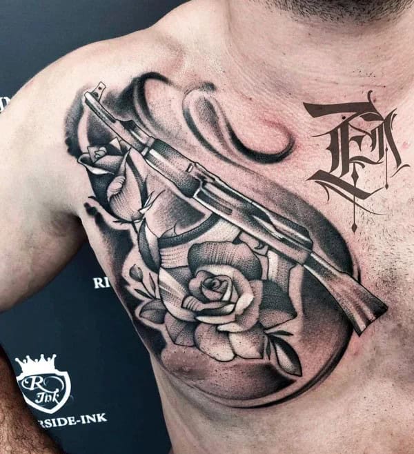 AK-47 Chest Tattoo