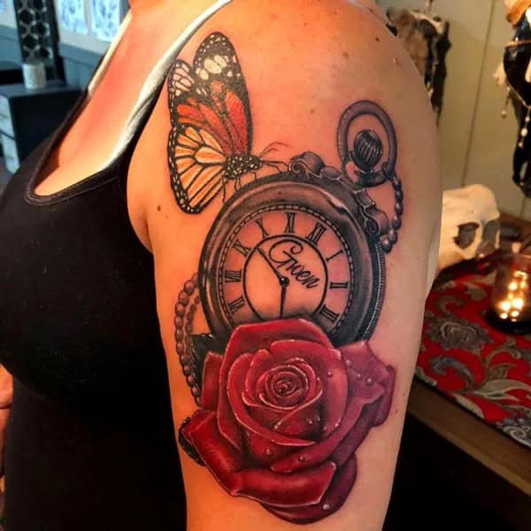 Clock and Rose Tattoo with a Butterfly